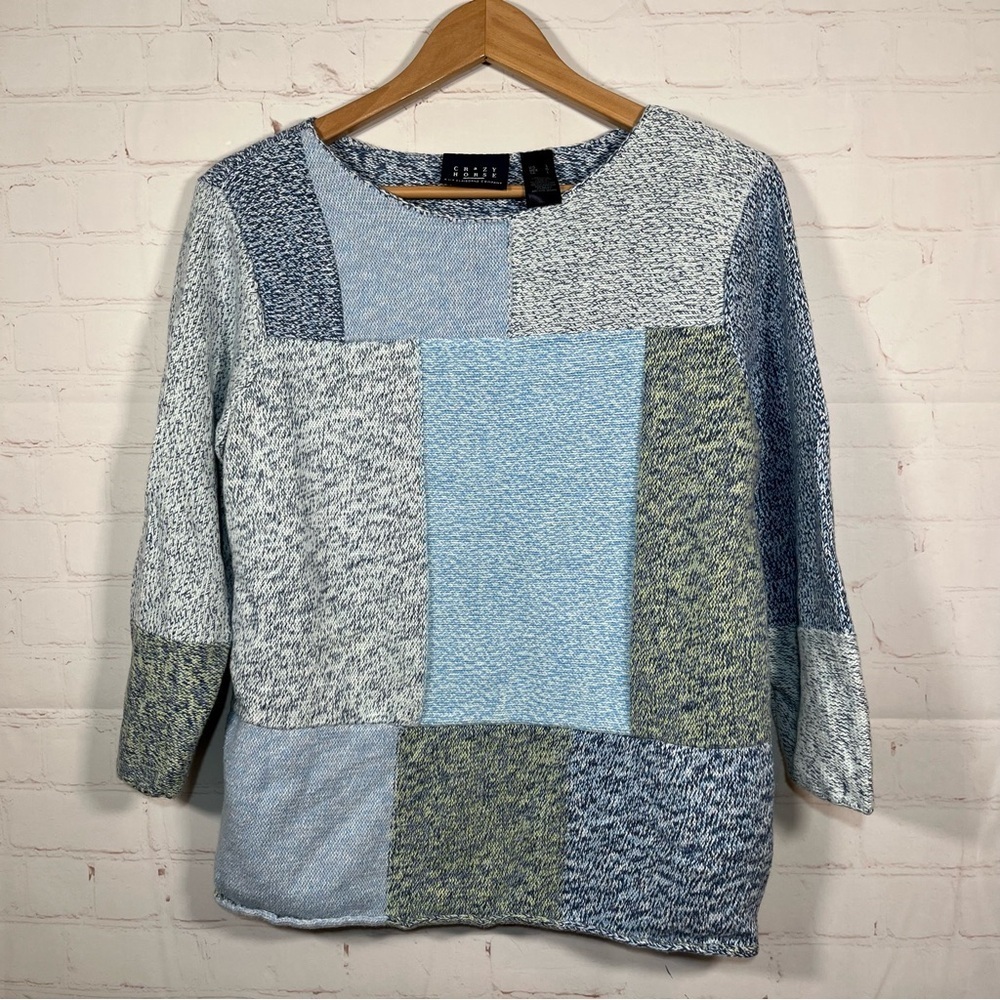Crazy Horse Liz Claiborne Patchwork Sweater Womens Size Large Blue Grandma
